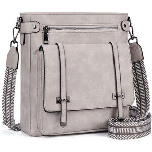 Women’s Retro Gray Leather Multi-Pocket Travel Purse Crossbody Bag